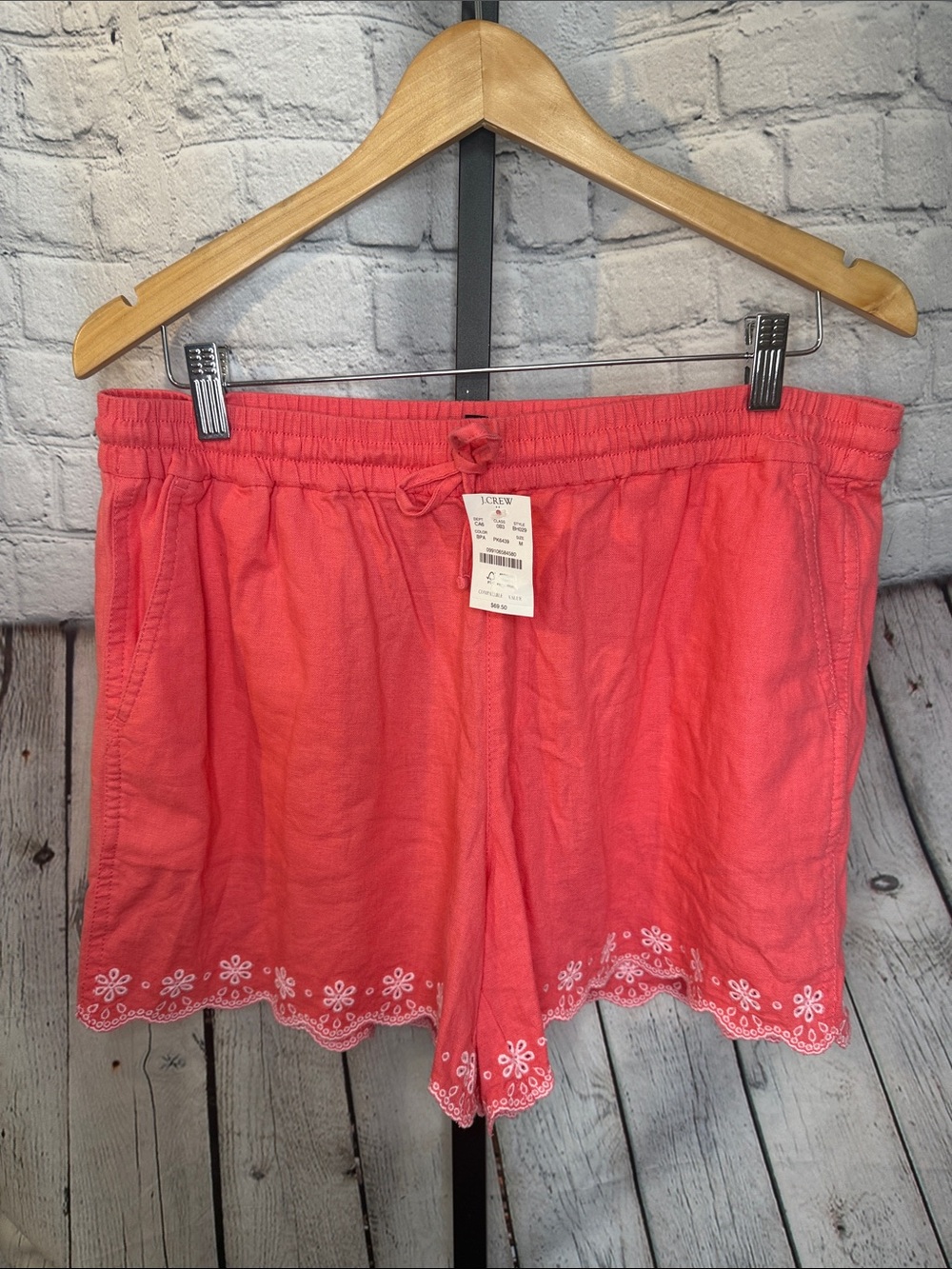 J. Crew Coral Scalloped Embroidered Drawstring Linen Shorts medium